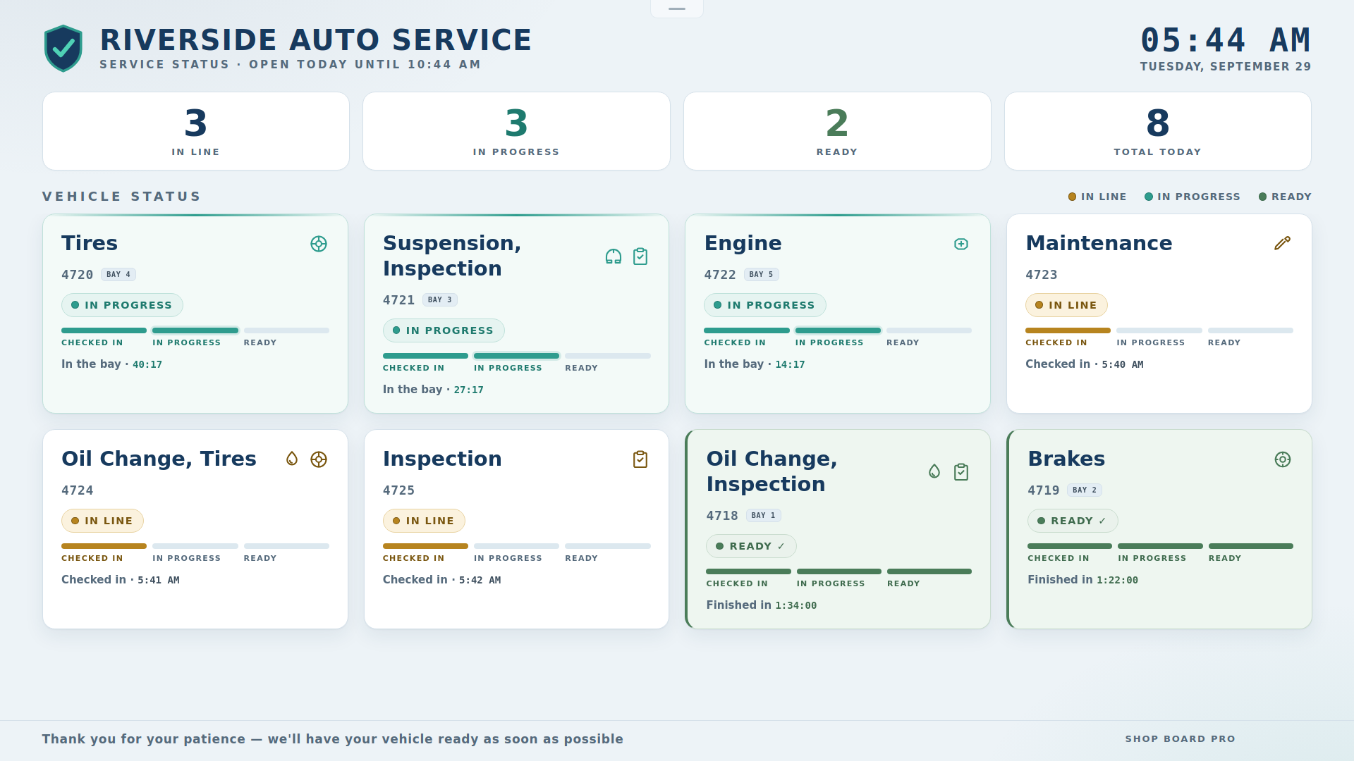 The customer lobby screen: each car shown as a card reading checked in, in
               progress or ready, with no customer name, plate or phone number.